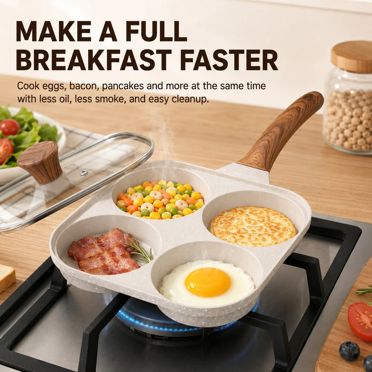 4-Section Nonstick Egg Frying Pan with Glass Lid – All Stoves Divided Omelet Pan Axl