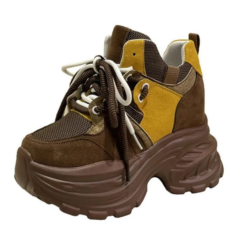 Women's 9CM Platform Chunky High-Top Sneakers – Lace-Up Platform Sneakers Axl 35 brown