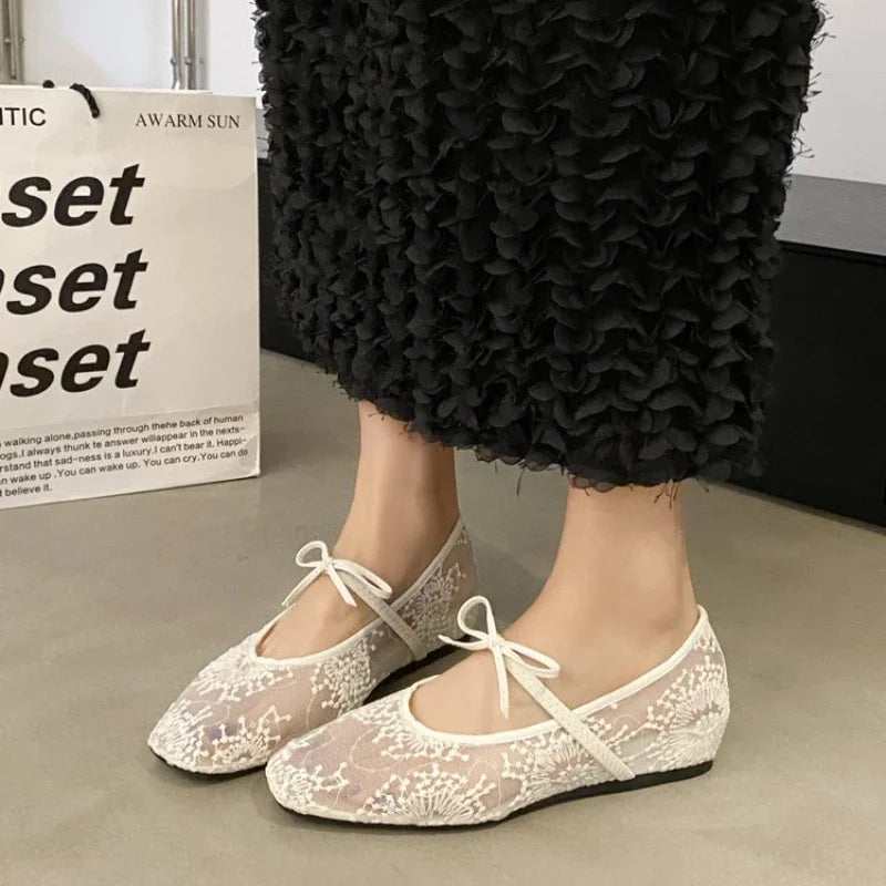 Women's Mesh Ballet Flats – Bow Embroidery Lightweight Shoes Women's Ballet Flats Axl