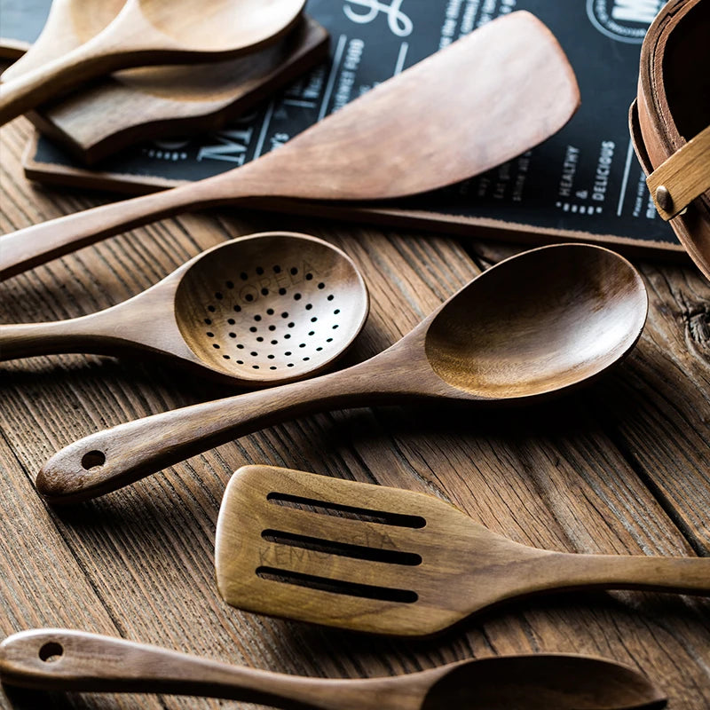 9-Piece Teak Wooden Kitchen Utensils Set with Holder Kitchen Utensil Set Axl
