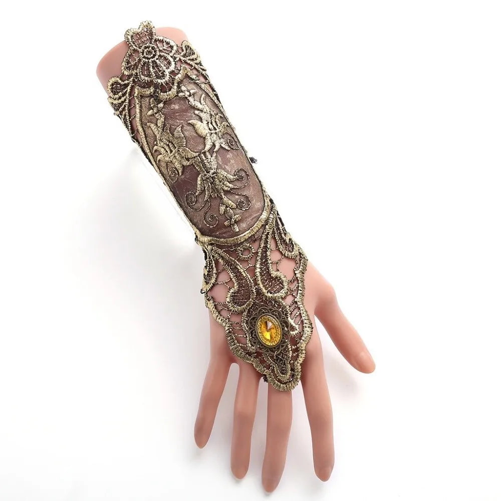 Black Gold Gothic Lace Fingerless Gloves – Steampunk Halloween Fingerless Lace Gloves Axl
