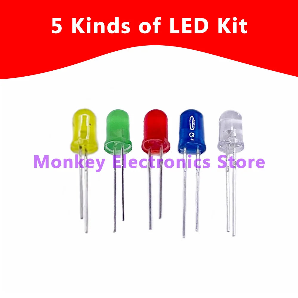 500 PCS 5mm LED Assortment Kit – 5 Colors Red Yellow Blue White LED Component Kit Axl