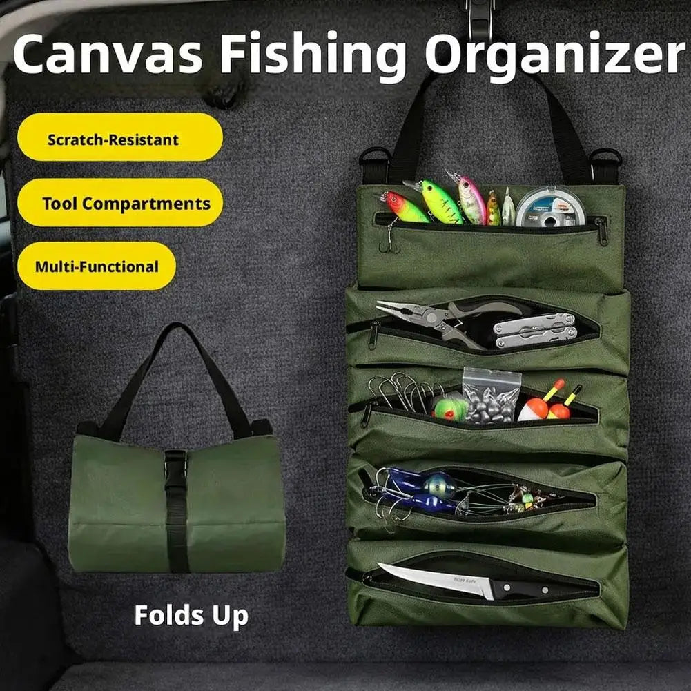 Roll-Up Canvas Fishing Tool Bag – 6 Zip Pockets Organizer Fishing Tackle Bag Axl