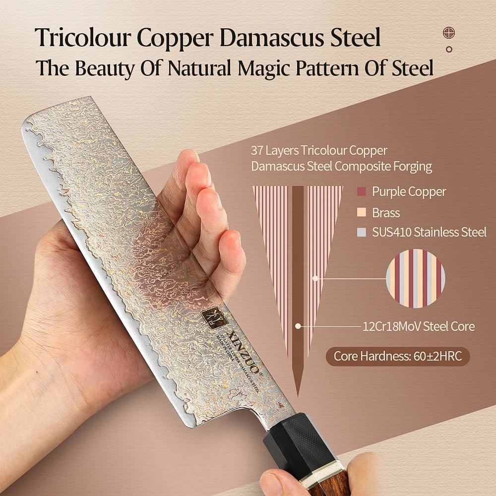 XINZUO 7" Nakiri Knife – 37-Layer Tricolour Damascus Steel Damascus Kitchen Knife Axl