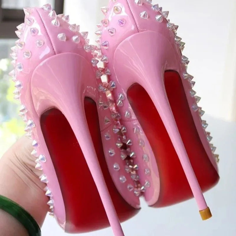 Women's Pink Studded High Heels – Rivet Pointed Toe Pumps Studded High Heels Axl