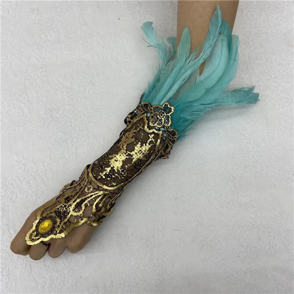 Women's Feather Lace Cuffs – Vintage Gothic Halloween Wristband Costume Feather Gloves Axl Sky Blue