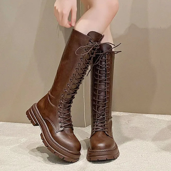 Women's Platform Knee-High Boots | Chunky Lace-Up Punk Boots Platform Knee-High Boots Axl