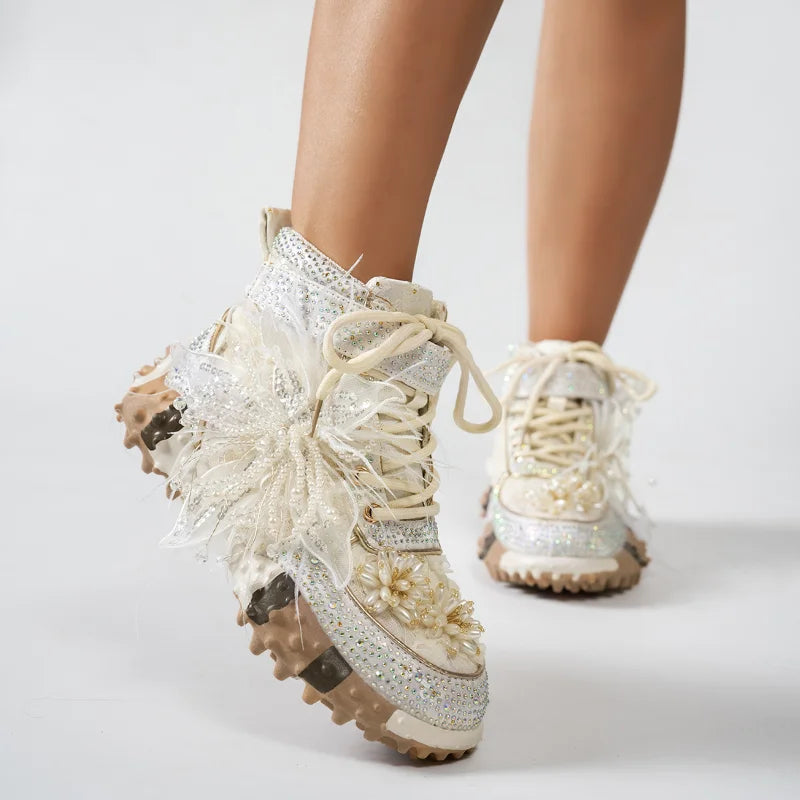 Women's Rhinestone Knitted High-Top Sneaker Boots Thick Sole High-Top Sneaker Boots Axl