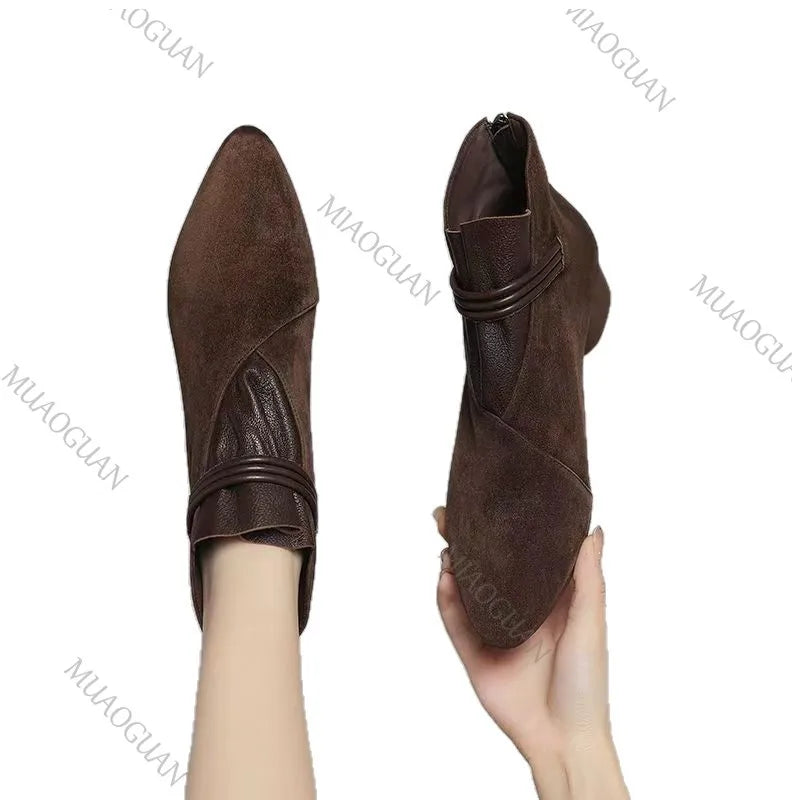 Women's Suede Ankle Boots | Pointed Toe Double Buckle Side Zip Women's Ankle Boots Axl