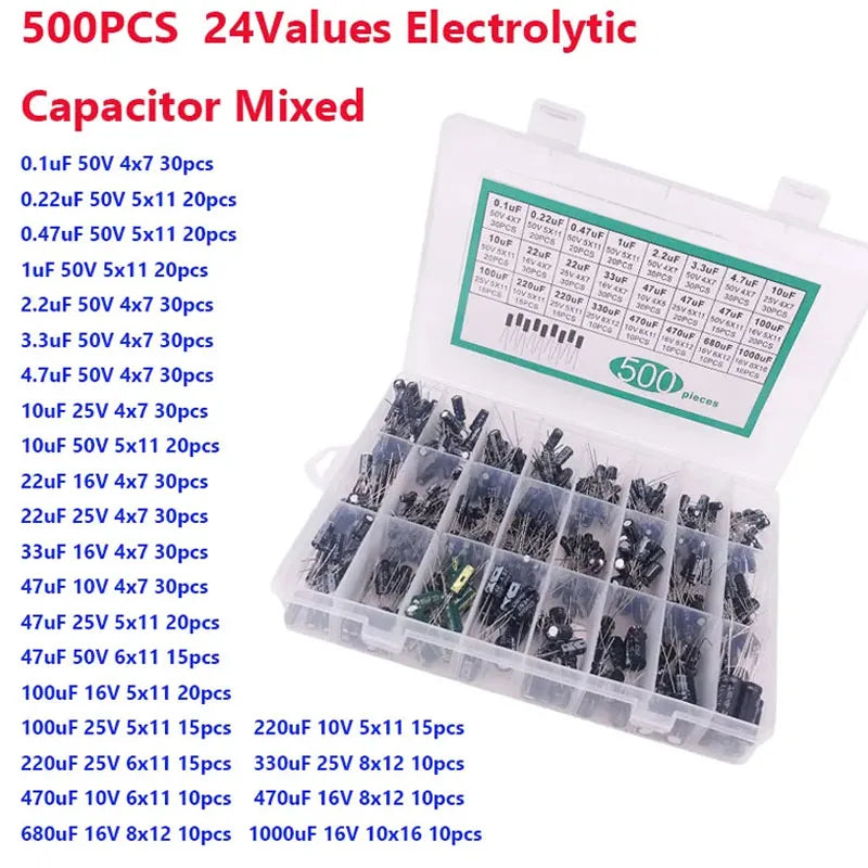 500pcs Electrolytic Capacitor Kit – 24 Values 0.1uF–1000uF DIP Capacitor Assortment Kit Axl