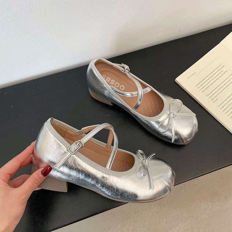 Women's Butterfly-Knot Mary Jane Ballet Flats | Low Heel Mary Jane Ballet Flats Axl Silver 40