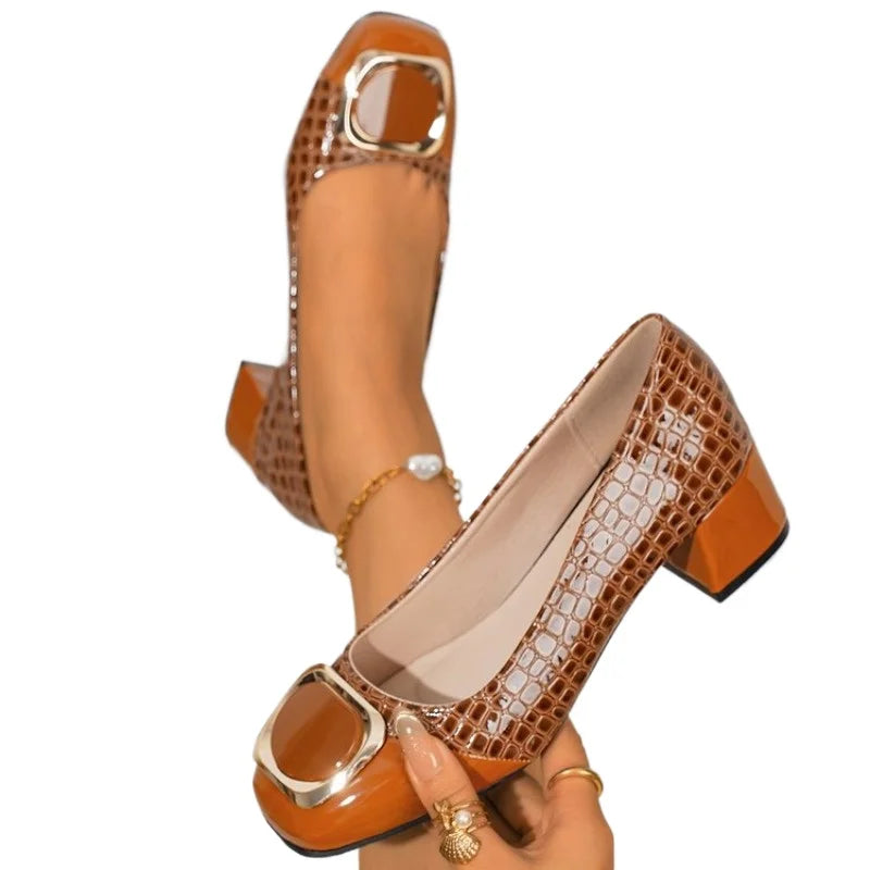 Women's Square Toe Chunky Heel Sandals – Metal Buckle Chunky Heel Sandals Axl