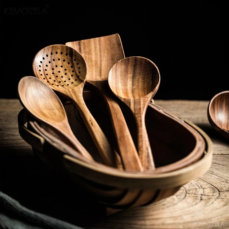 Teak Wood Kitchen Utensil Set – Spoon, Ladle, Turner & Skimmer Wood Cooking Utensil Set Axl
