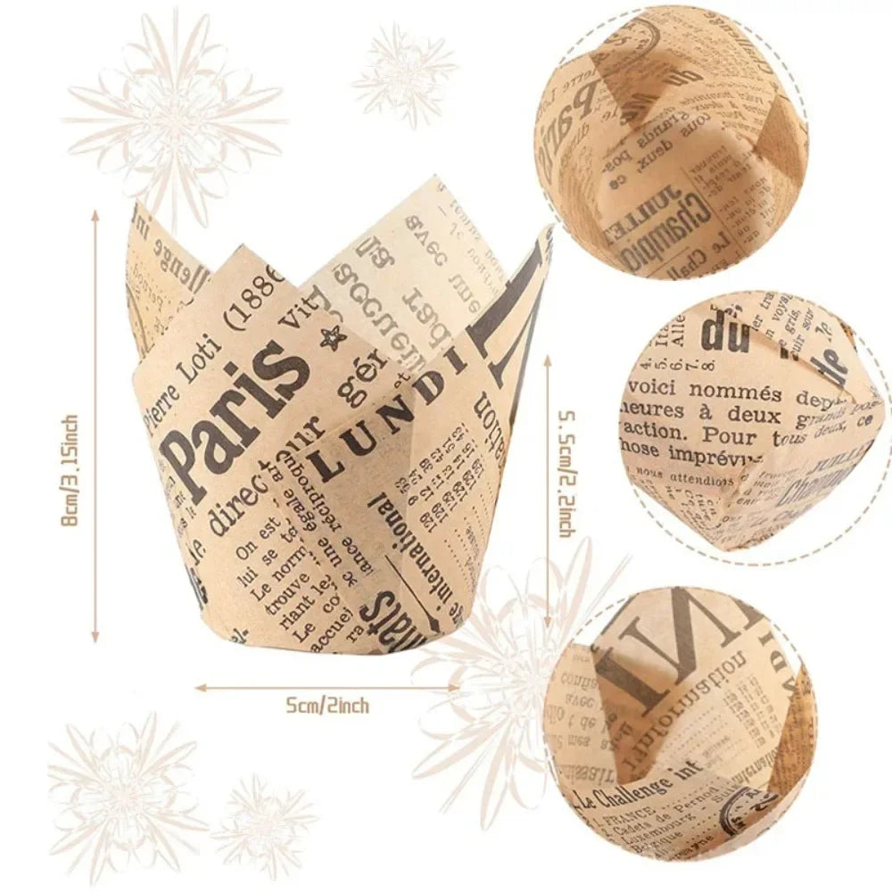 50-Pack Newspaper Tulip Cupcake Liners – Grease-Proof Baking Cups Cupcake Liners Axl