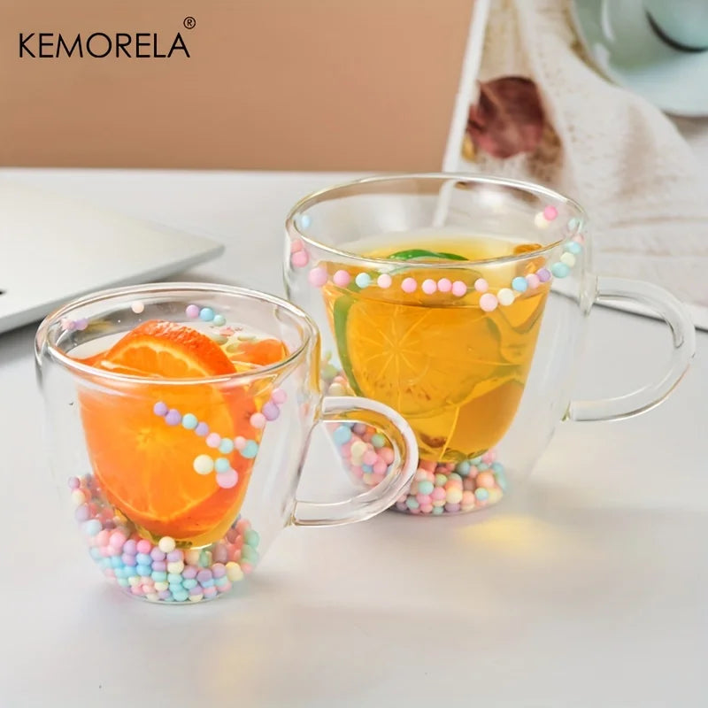 KEMORELA Double Wall Glass Coffee Mug – Colored Balls & Handle Glass Coffee Mug Axl
