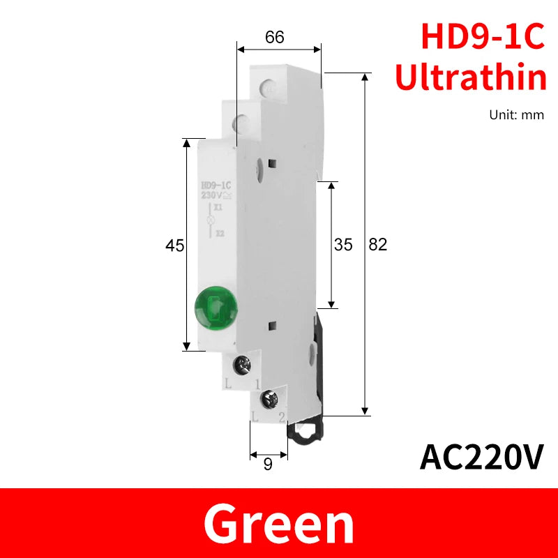 HD9 DIN Rail LED Signal Indicator Light 9mm 18mm 220V – 4 Colors LED Indicator Light Axl 1C-Green