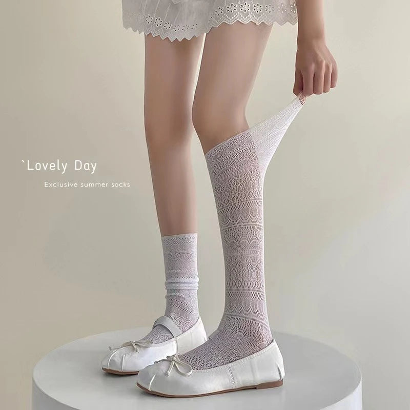 Women's Lace Trim Knee High Socks – Breathable Mesh Knit Knee High Socks Axl