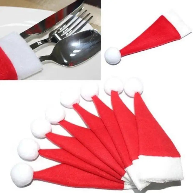 10-Piece Christmas Hat Cutlery Holders & Wine Bottle Covers Christmas Table Decor Axl