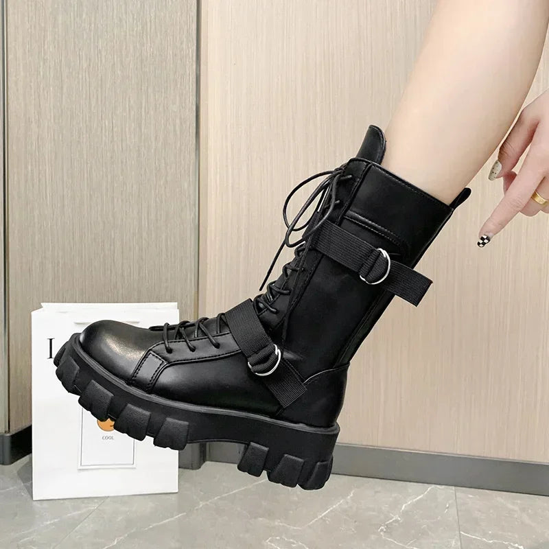 Women's Punk Gothic Mid-Calf Motorcycle Boots – Lace-Up Motorcycle Boots Axl