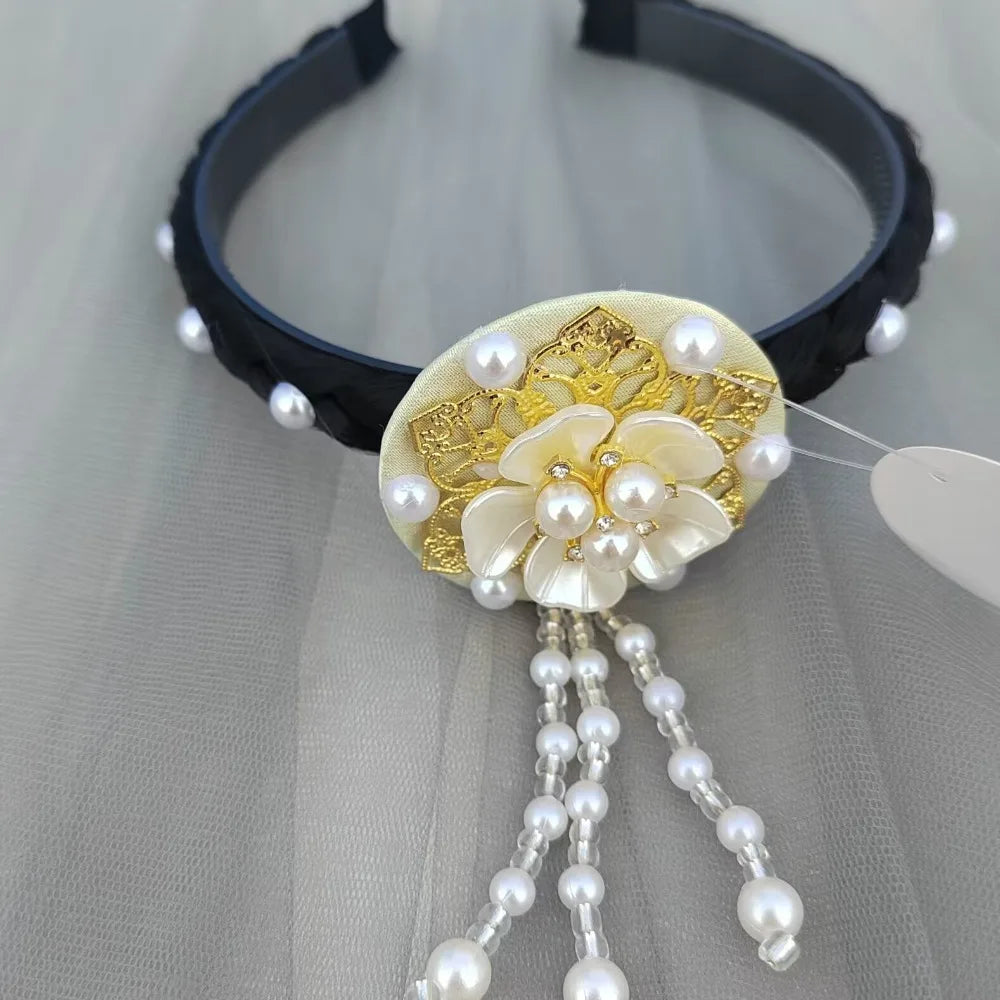 Korean Hanbok Headband – Pearl Flower Tassel Hair Hoop Hair Headband Axl gold