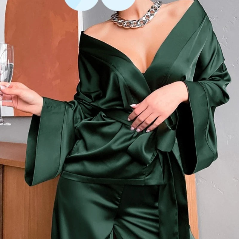 Women's Soft Pajama Set – Long Sleeve V-Neck Loungewear Suit Women's Pajama Set Axl
