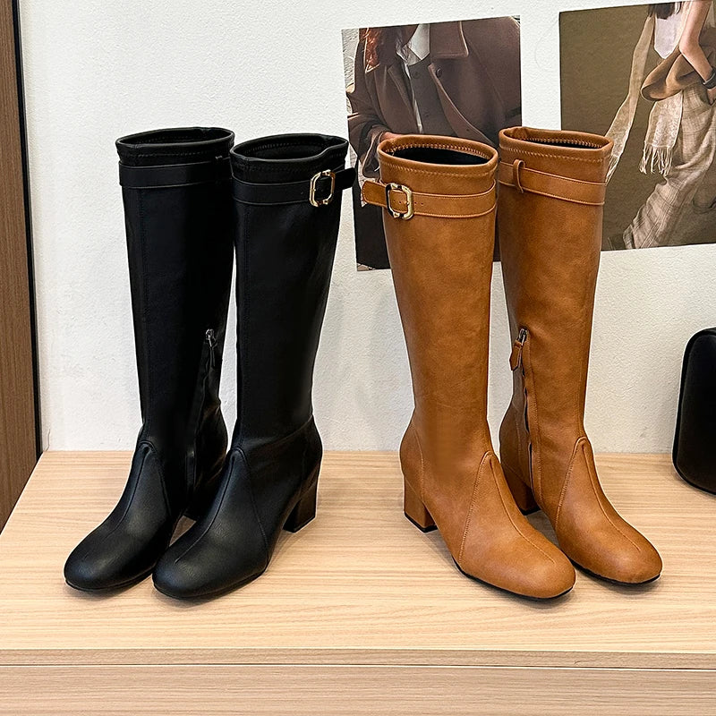 Women's Knee-High Boots | Square Heel Round Toe Buckle Knee-High Boots Axl