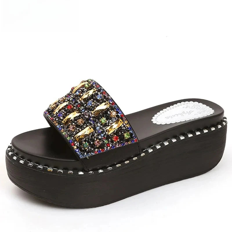 Women's Crystal Rhinestone Wedge Slides – Platform Beach Sandals Wedge Slide Sandals Axl