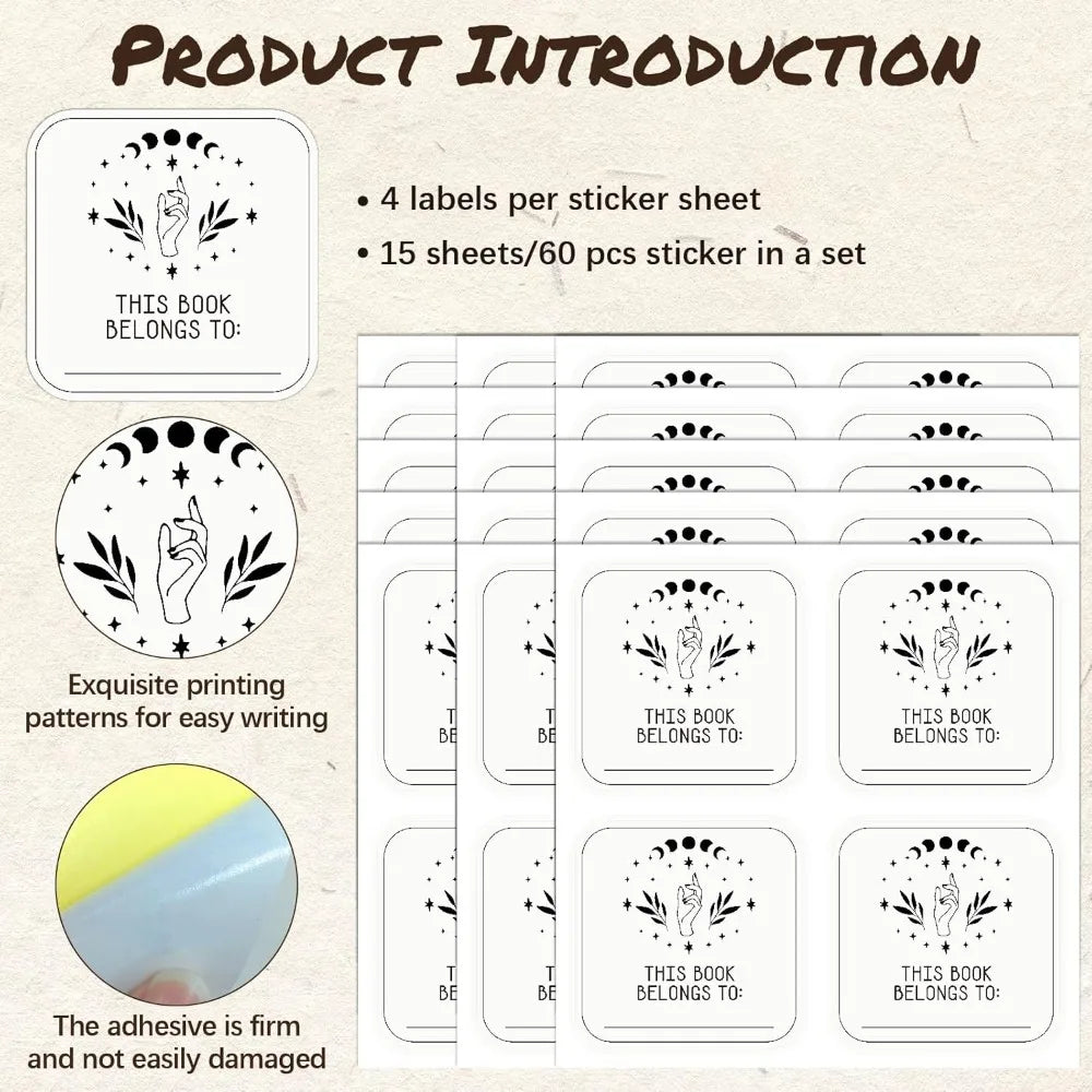 Moon Phase Book Plate Stickers – 15 Sheets, 60 PVC Labels Book Plate Stickers Axl