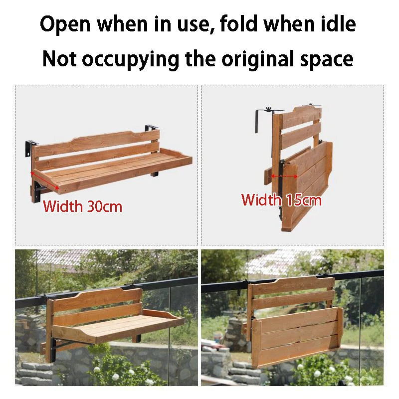 Foldable Balcony Railing Table & Flower Pot Rack – Wood Balcony Plant Stand Axl