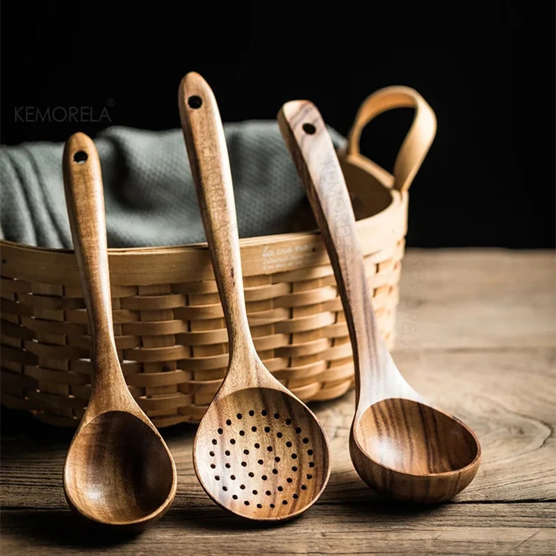 Teak Wood Kitchen Utensil Set – Spoon, Ladle, Turner & Skimmer Wood Cooking Utensil Set Axl