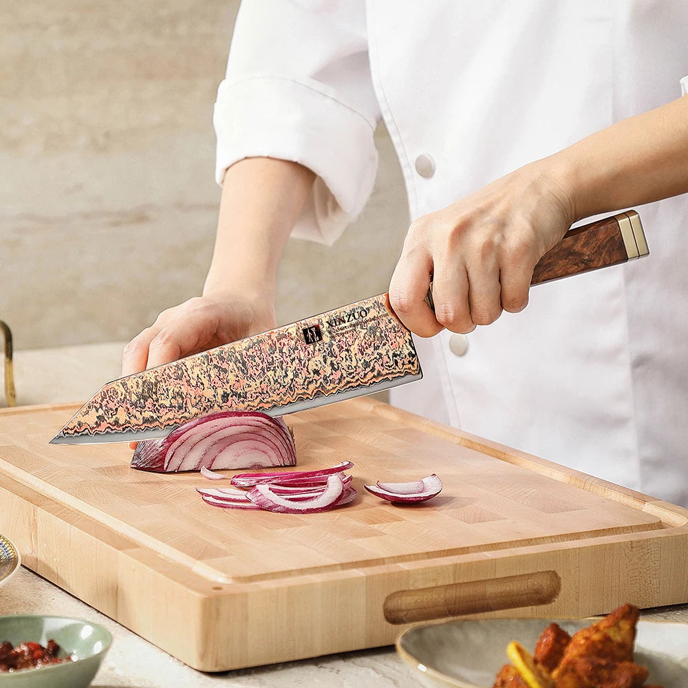 XINZUO 8.27" Bunka Knife – 53-Layer Copper Damascus Steel Damascus Kitchen Knife Axl