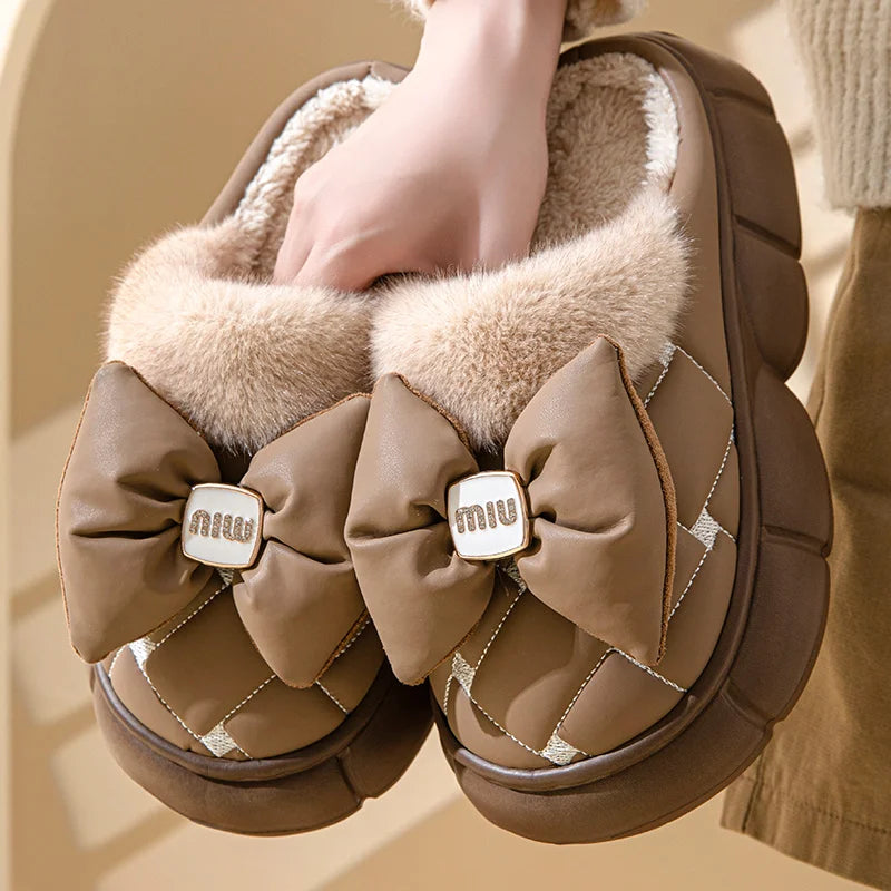 Women's Plush Faux Fur Bow Slippers – Warm Indoor Slides Women's Indoor Slippers Axl Khaki 36-37
