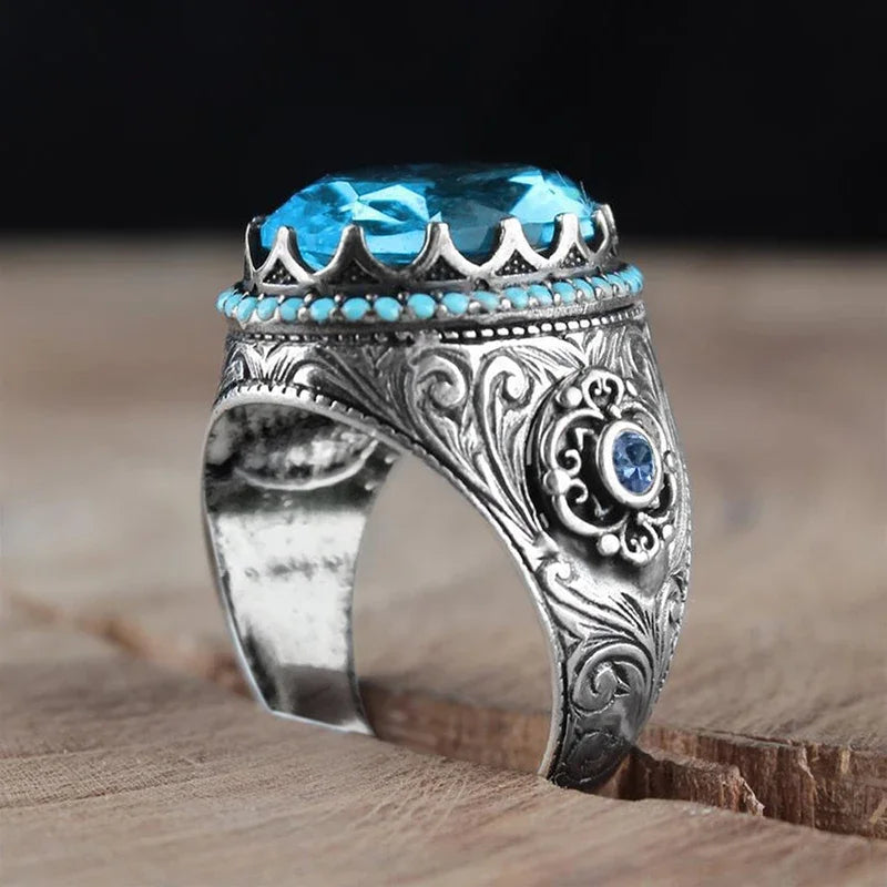 Huitan Oval Blue Green Stone Vintage Cocktail Ring | Antique Silver Cocktail Ring Axl