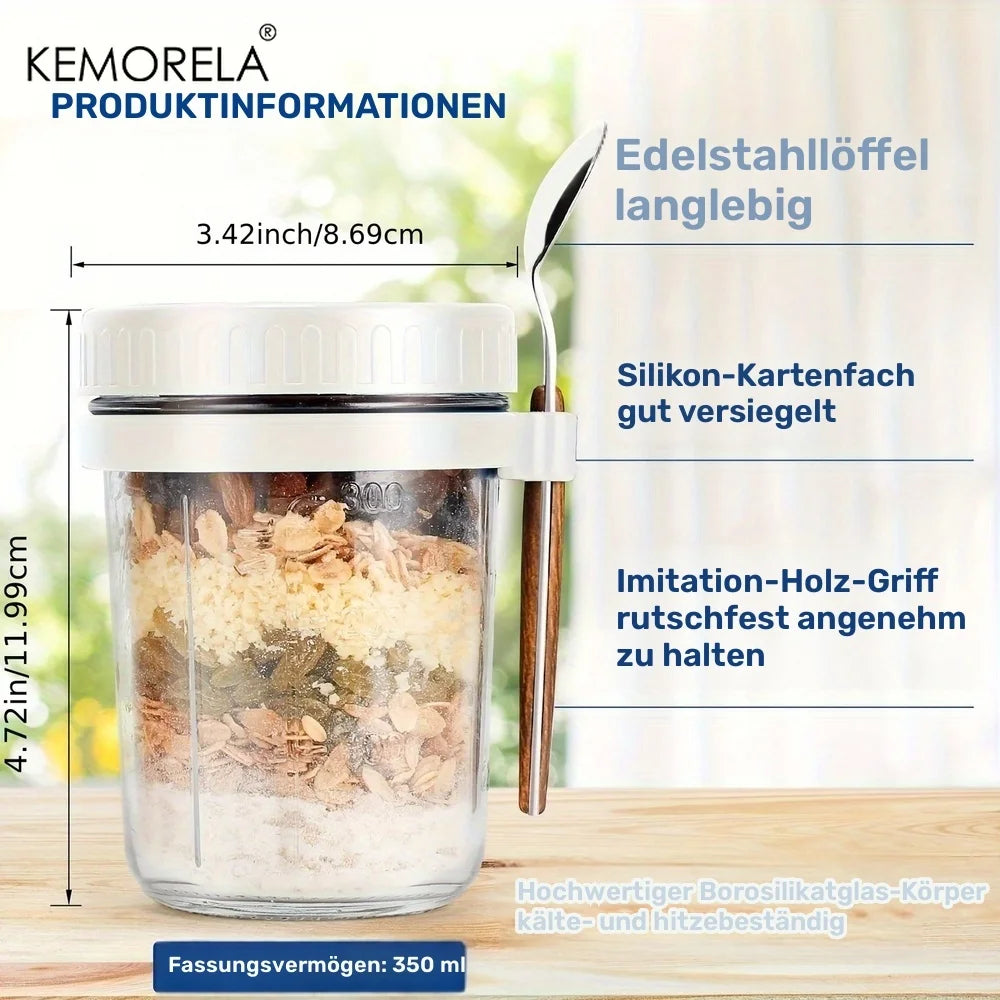 2-Pack Glass Overnight Oats Cup with Lid & Spoon 300ml Glass Food Storage Cup Axl