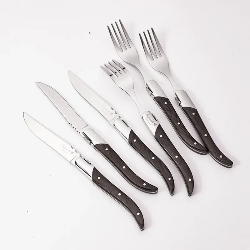 6-Piece Laguiole-Style Steak Knife & Fork Set | Wood Handle Steak Cutlery Set Axl wenge 3knife 3fork