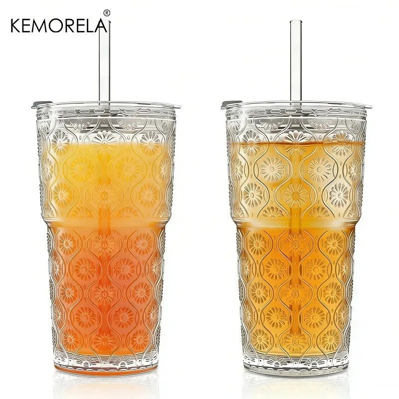 KEMORELA 600ml Begonia Glass Tumbler with Lid & Straw | 1-2 PCS Glass Tumbler Set Axl 2PCS 600ML