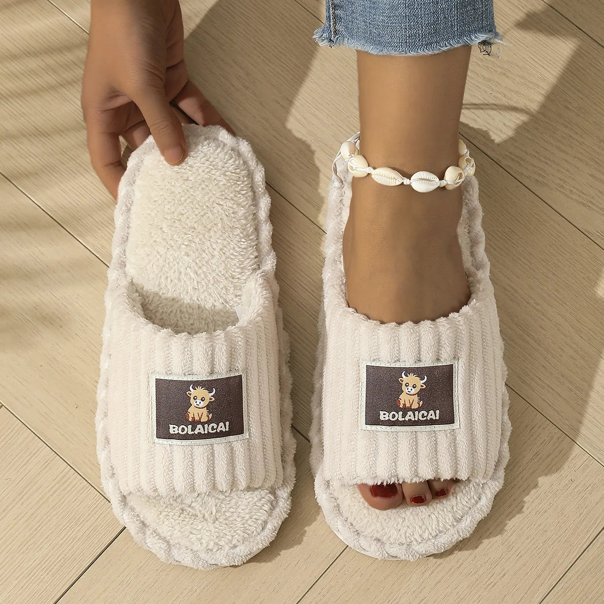 Men's Corduroy Fuzzy House Slippers – Plush Non-Slip Open Toe House Slippers Axl off white 44-45