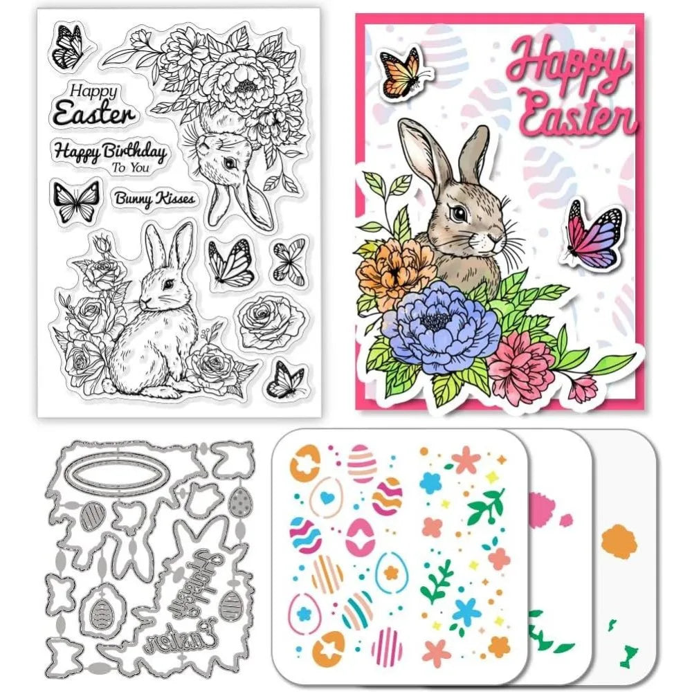 Easter Rabbit Clear Stamps Cutting Dies & PET Stencils Set Stamp & Die Set Axl AECH04-19539