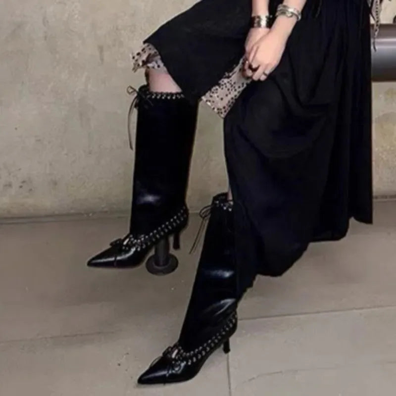Women's Pointed Toe Square Heel Mid-Calf Boots | Strap Design Women's High Heel Boots Axl