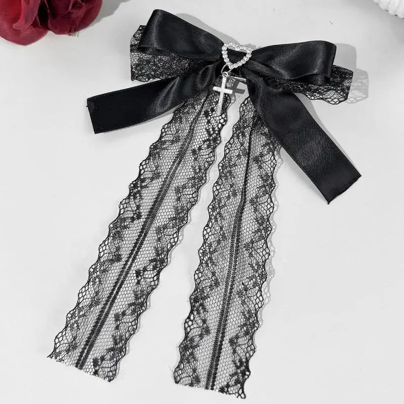 Gothic Lace Bow Hair Clip – Lolita Barrette with Rhinestone Cross Lace Bow Hair Clip Axl Black