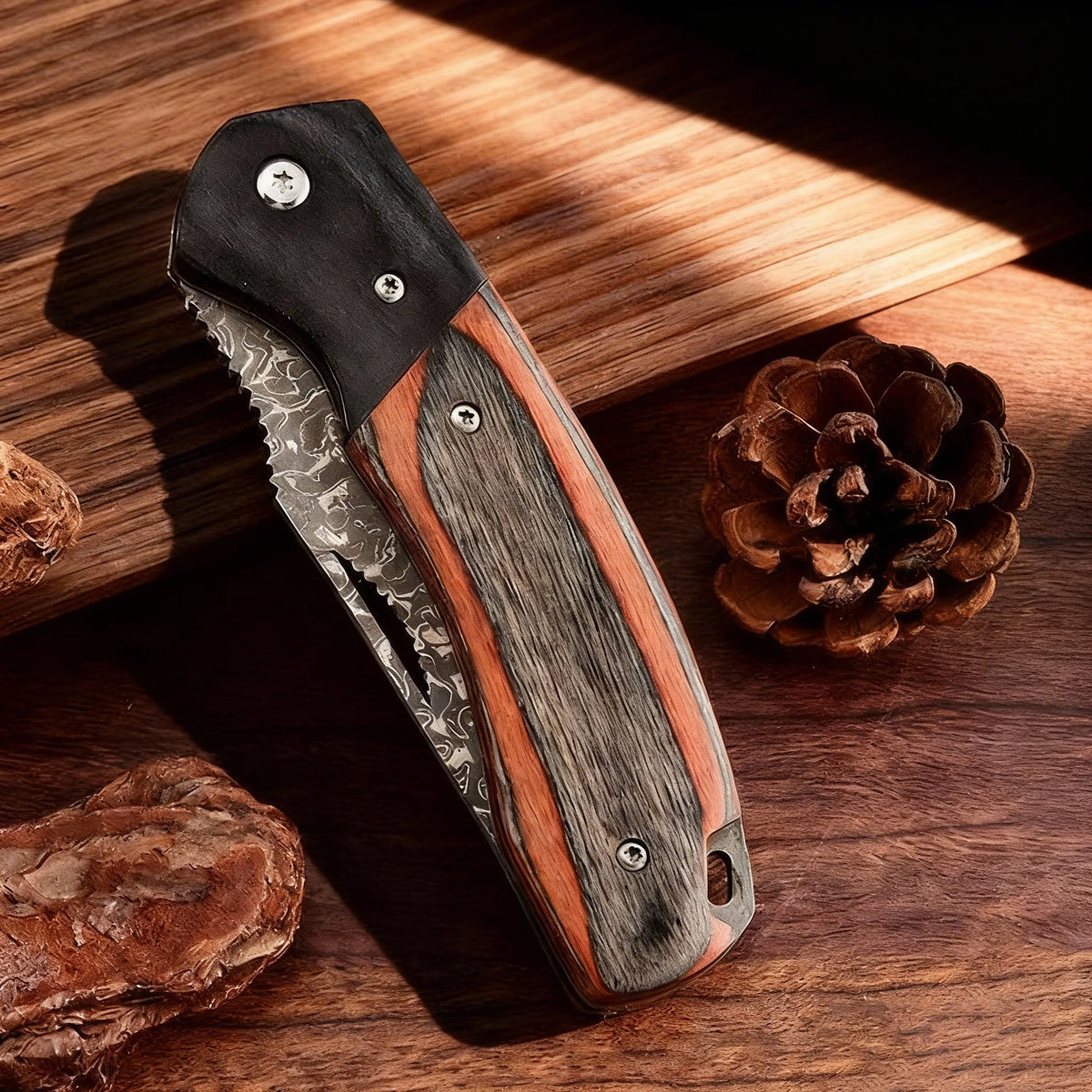 Damascus Steel Folding Pocket Knife – Wave Grain Wood Handle EDC Folding Pocket Knife Axl