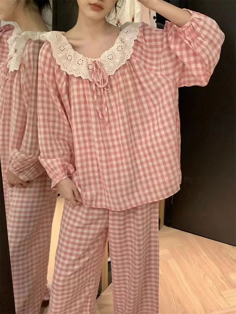 Women's Yellow Plaid Pajama Set – Long Sleeve Sleepwear Women's Pajama Set Axl CJ2025 pink 2XL