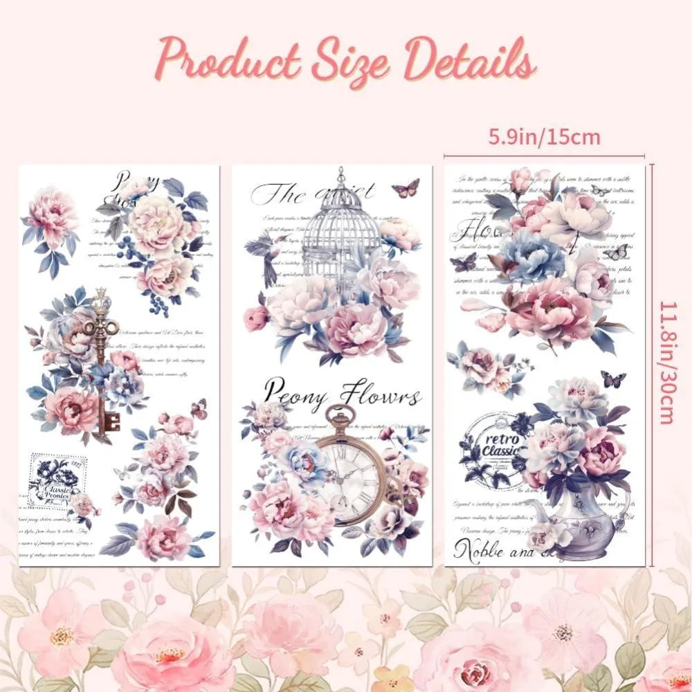 Vintage Peonies Rub-On Transfer Decals 6×12" – 3 Pack Craft Transfer Decals Axl