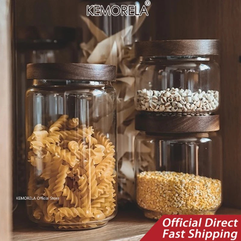 KEMORELA Glass Airtight Canister with Wood Lid | Kitchen Storage Glass Storage Canister Axl