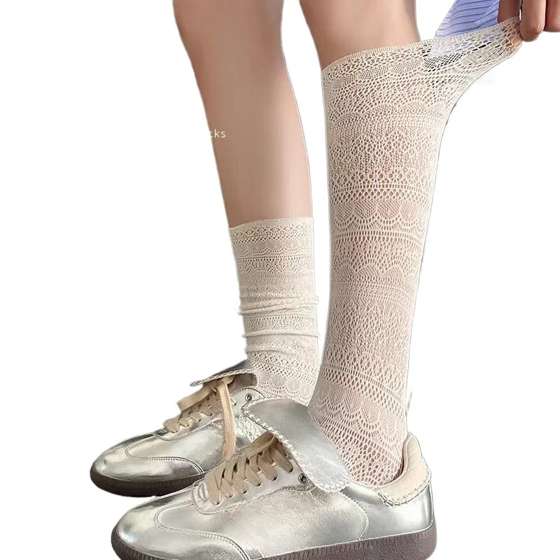 Women's Lace Trim Knee High Socks – Breathable Mesh Knit Knee High Socks Axl 1 pairs beige One Size