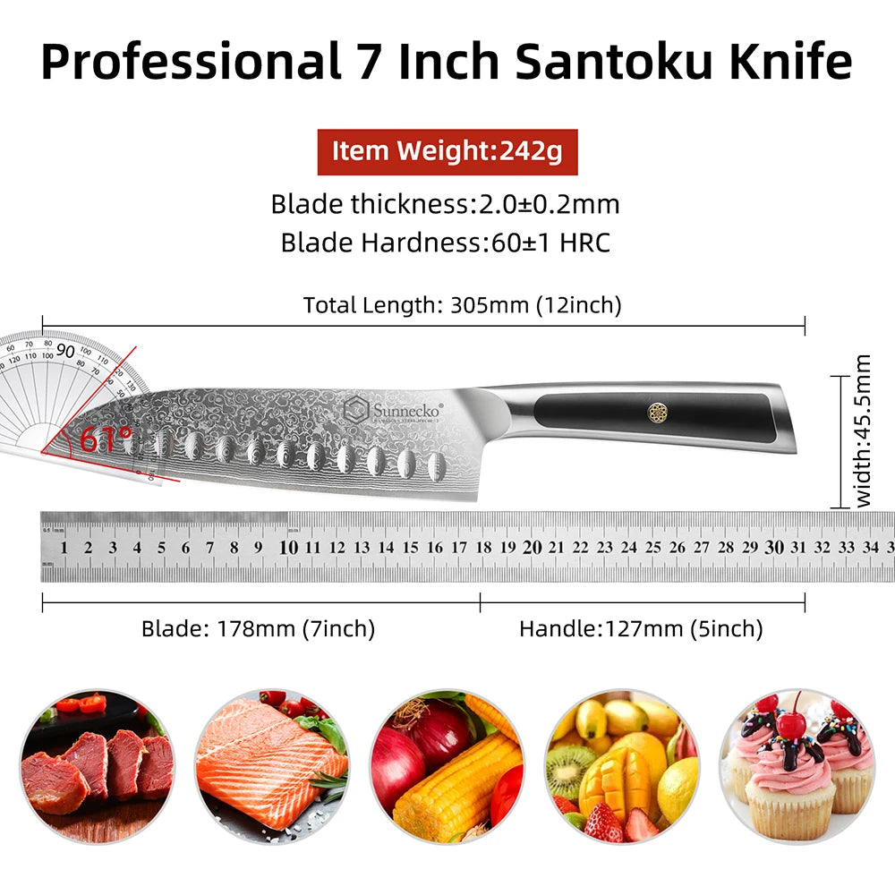 Sunnecko 7-Pc Damascus Chef Knife Set | VG10 Steel HRC60+ Damascus Knife Set Axl 7 Inch Santoku Knife China Mainland