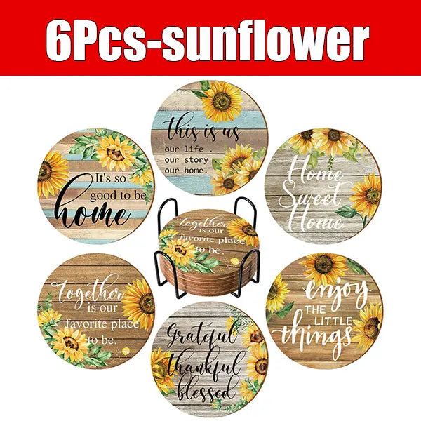6-Piece Boho Mandala Ceramic Coasters Set with Holder Ceramic Coaster Set Axl 6pcs-Sunflower