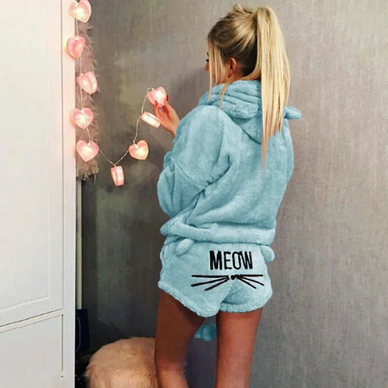 Women's Coral Velvet Hoodie Pajama Set – Cute Cat Print Pajama Set Axl