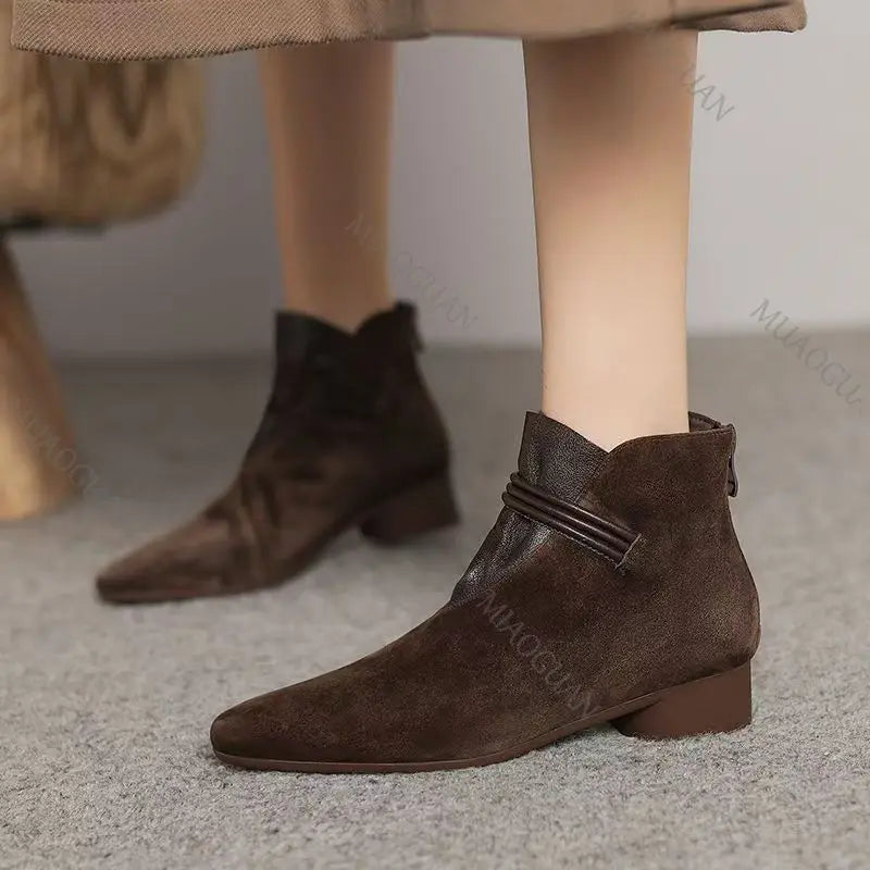 Women's Suede Ankle Boots | Pointed Toe Double Buckle Side Zip Women's Ankle Boots Axl