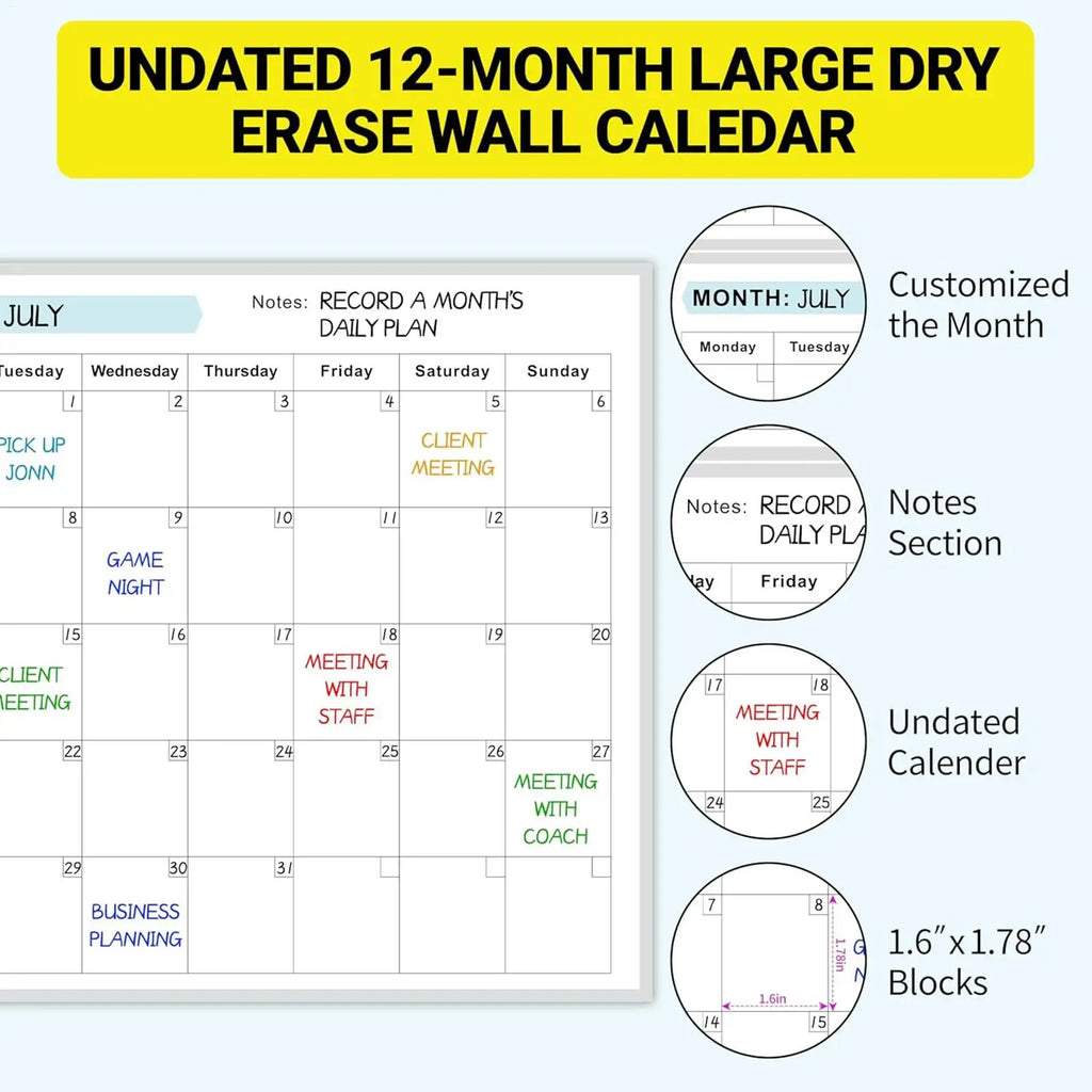 Dry Erase Wall Calendar – 12-Month Erasable Yearly Planner Dry Erase Wall Calendar Axl